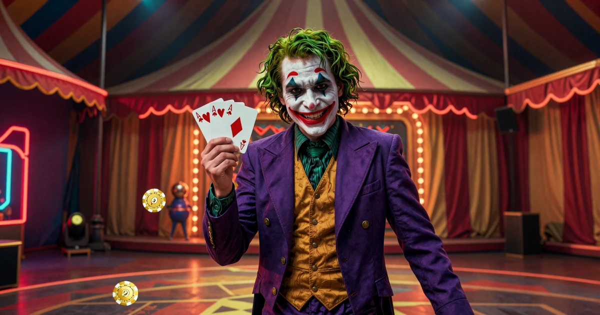 Joker Maskotchen als zynischer Circus-Showman mit Spielkarten und Casino-Chips im neonbeleuchteten Zelt - Jokery Casino Deutschland
